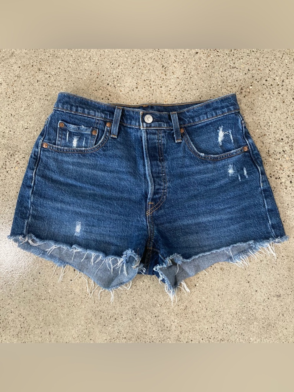 Levi’s 501 High-Rise Distressed Dark Blue Denim Shorts Size 27